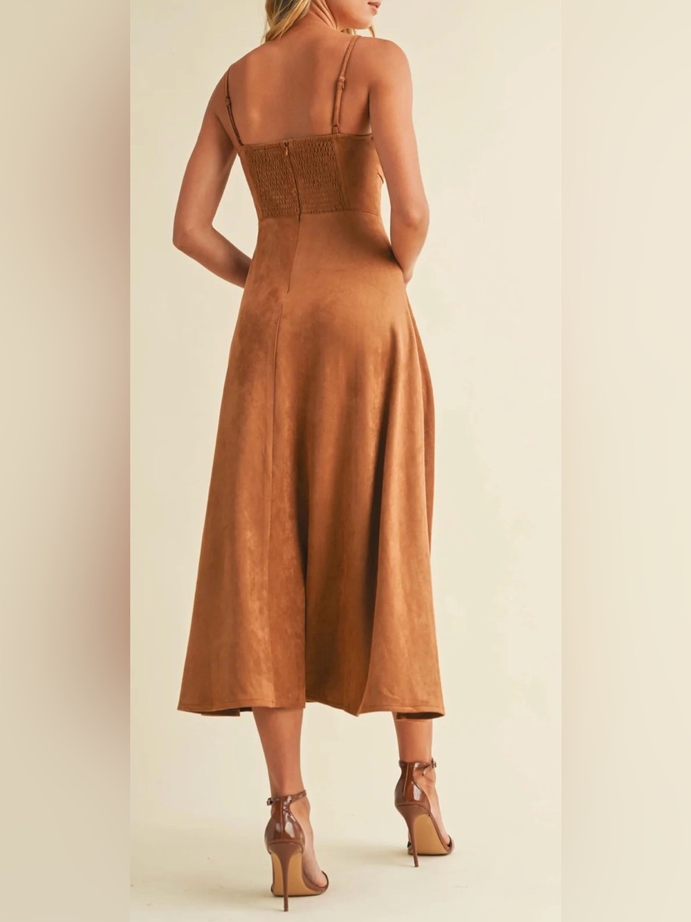 Klesis Emma Suede Corset Midi Dress- Camel, NEW, Size Large - Picture 3 of 10